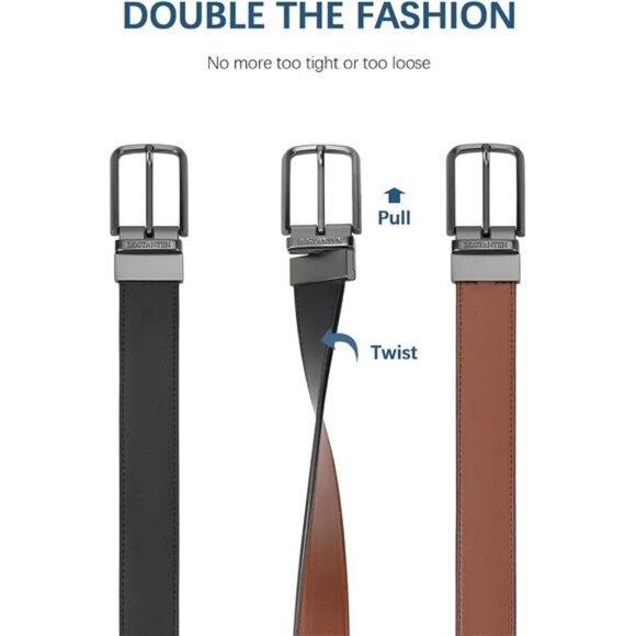 Mens Reversible Leather Belt Dress Casual Golf Adjustable Cut to Fit Buckle - Picture 3 of 7